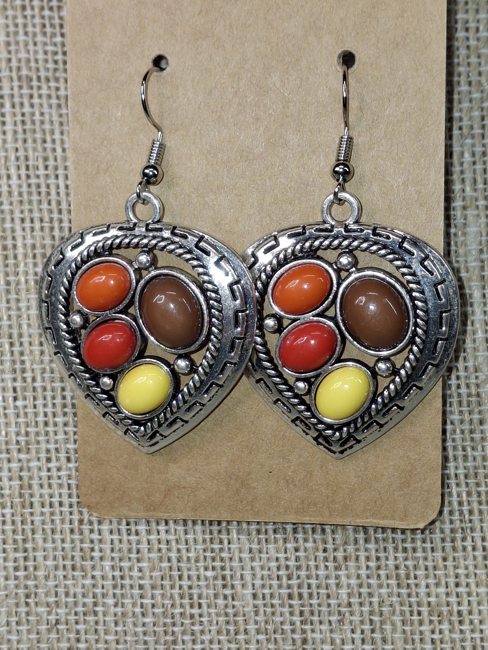 Silver Heart Drop Earrings with Orange Red Yellow Accents